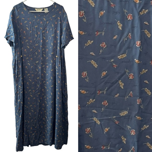 Vintage EDDIE BAUER Floral Leaves Dress XL Boho Prairie Blue Maxi Modest church - Picture 1 of 13
